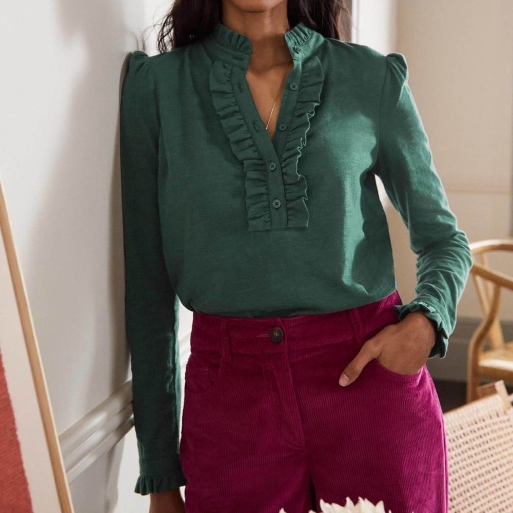 Boden Green Ruffle Blouse